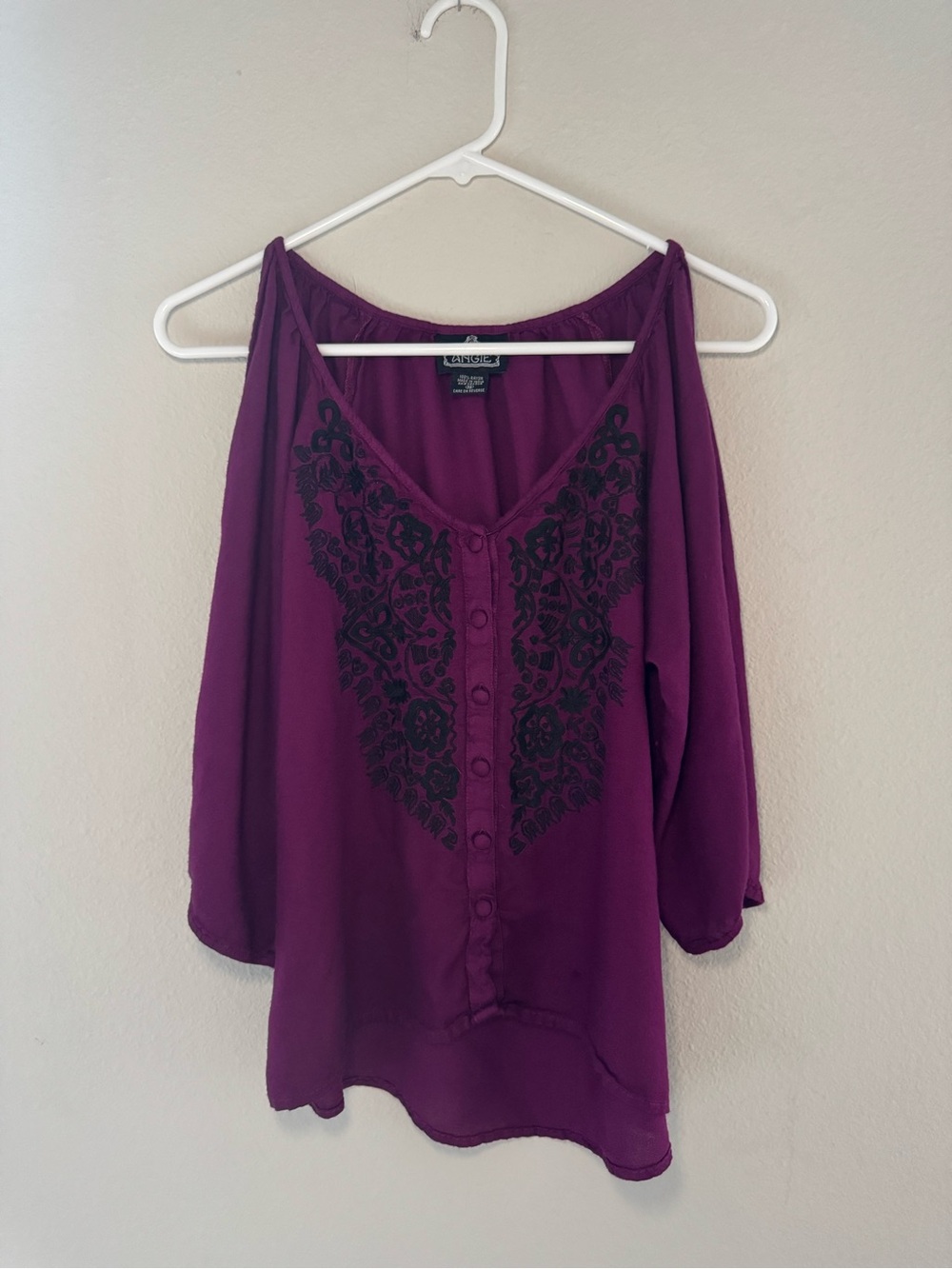 Angie Y2K Purple Embroidered Cold-Shoulder Blouse Medium